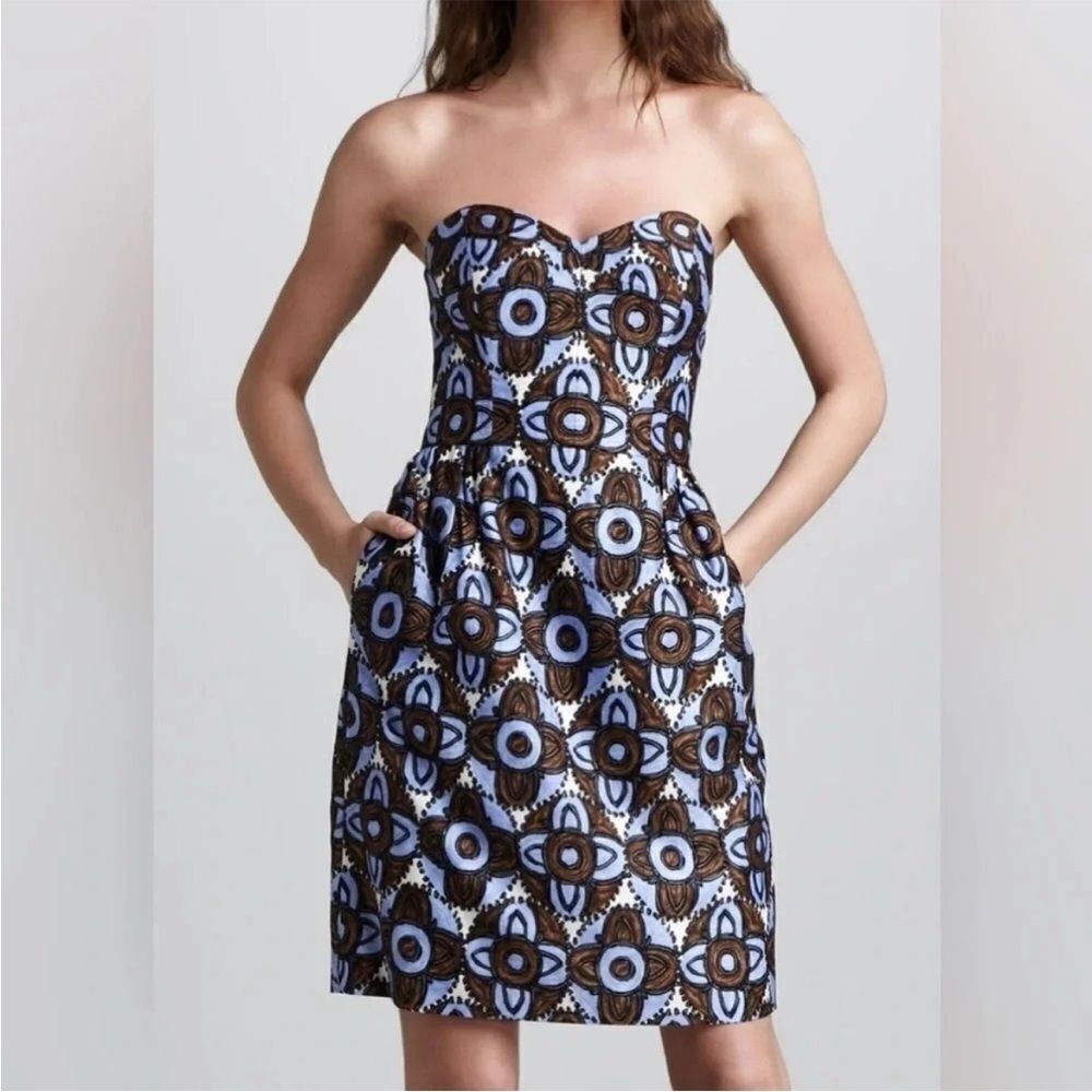Milly Strapless Sweetheart Neck Brown Blue Print Dress Feminine Event Party Gala